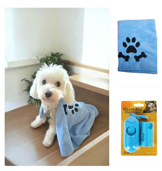 Pet Essentials Bundle – Microfiber Towel & Waste Bag Dispenser Set for Dogs