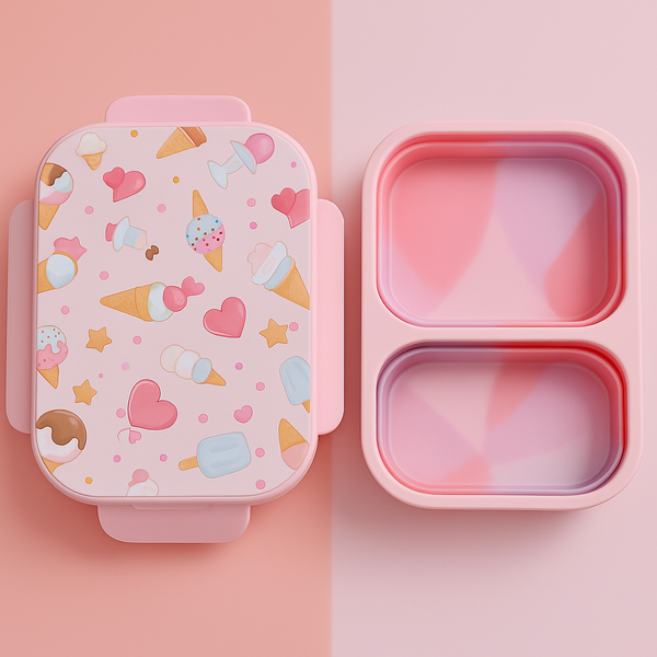 Cute Pink Ice Cream-Themed Collapsible Bento Lunch Box – 2-Compartment Food Container