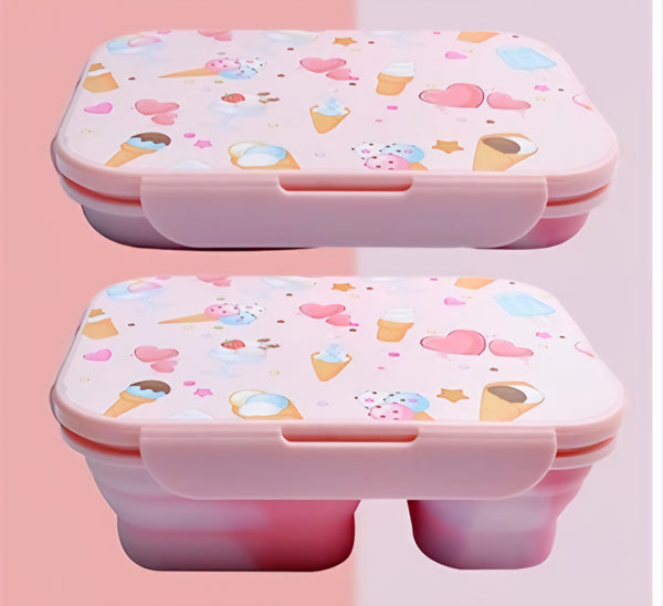Cute Pink Ice Cream-Themed Collapsible Bento Lunch Box – 2-Compartment Food Container