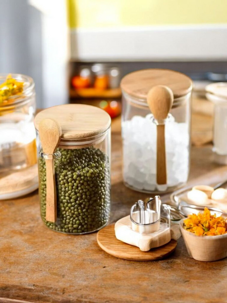 Airtight Glass Jar Set with Bamboo Lid & Spoon – 2 Pack