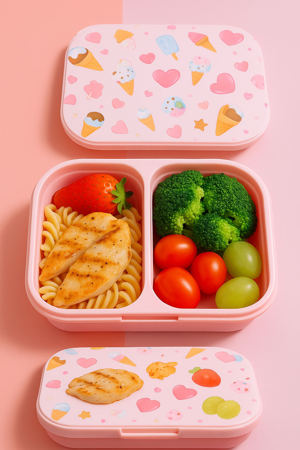 Cute Pink Ice Cream-Themed Collapsible Bento Lunch Box – 2-Compartment Food Container