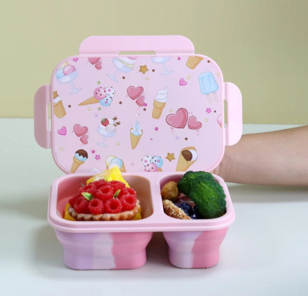 Cute Pink Ice Cream-Themed Collapsible Bento Lunch Box – 2-Compartment Food Container