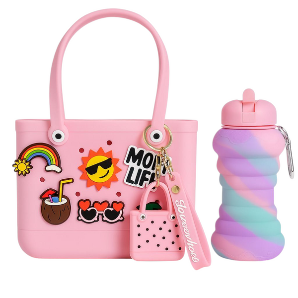 Mom Life Charm Tote Set – With Keychain & Collapsible Bottle (Pastel Edition)