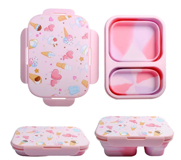 Cute Pink Ice Cream-Themed Collapsible Bento Lunch Box – 2-Compartment Food Container