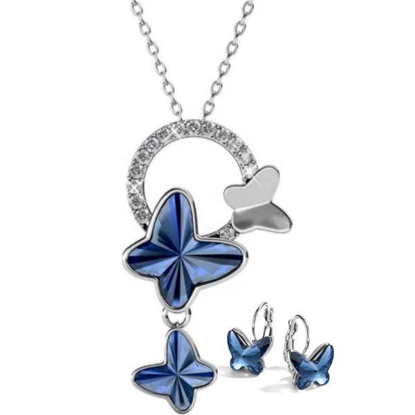 Elegant Blue Butterfly Jewelry Set – Necklace & Earrings with Crystal Detailing
