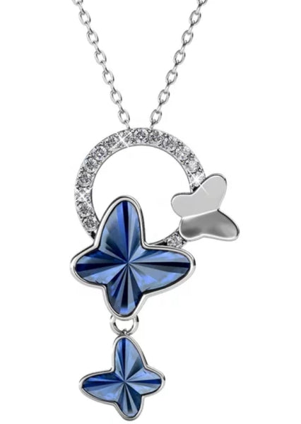 Elegant Blue Butterfly Jewelry Set – Necklace & Earrings with Crystal Detailing