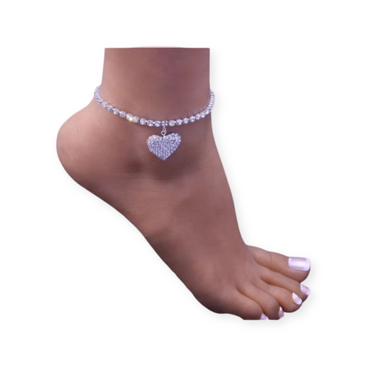 Round Rhinestone Heart Anklet